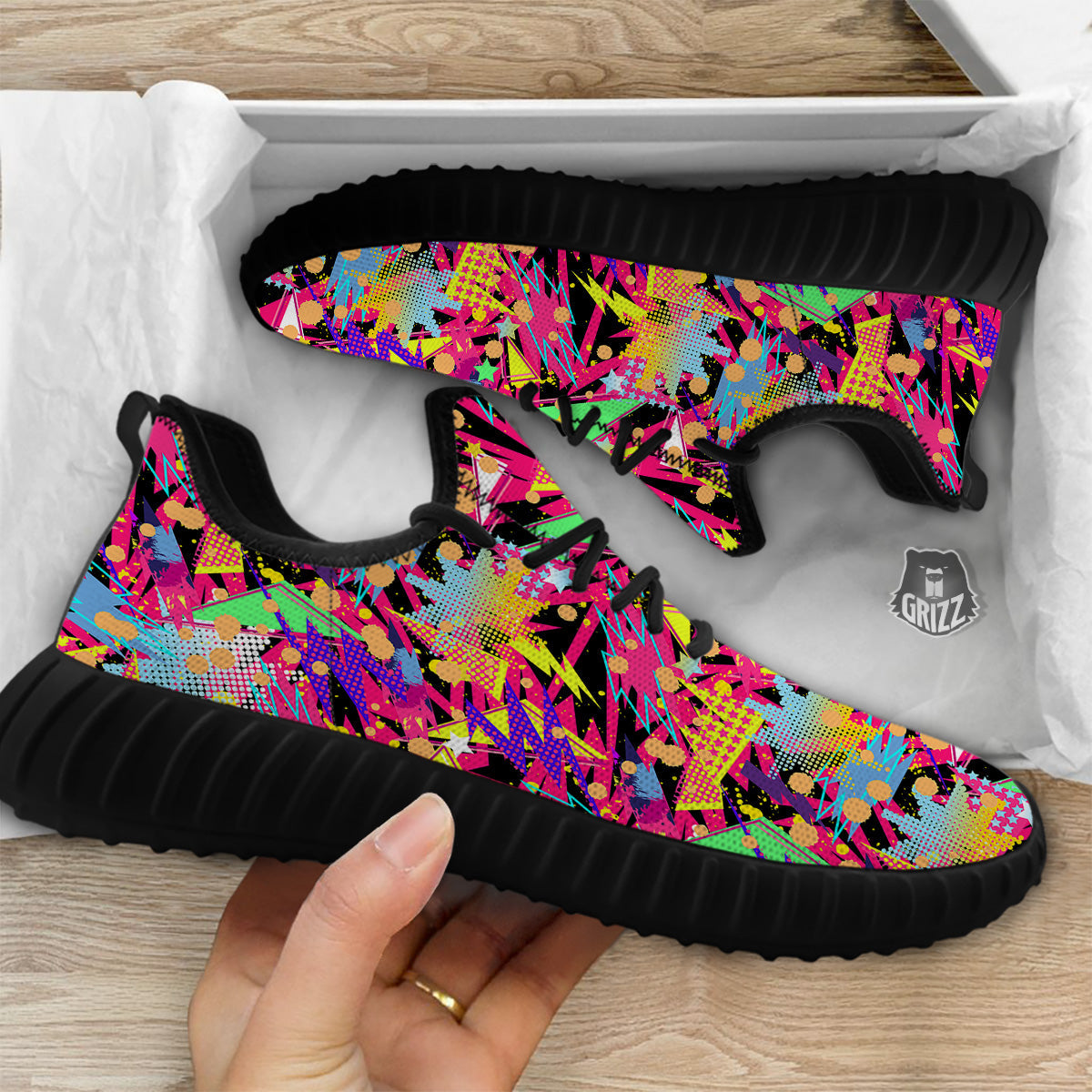 Abstract Colorful And Lightning Dot Print Pattern Black Walking Shoes-grizzshop