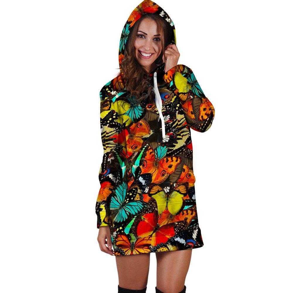 Abstract Colorful Butterfly Print Hoodie Dress-grizzshop