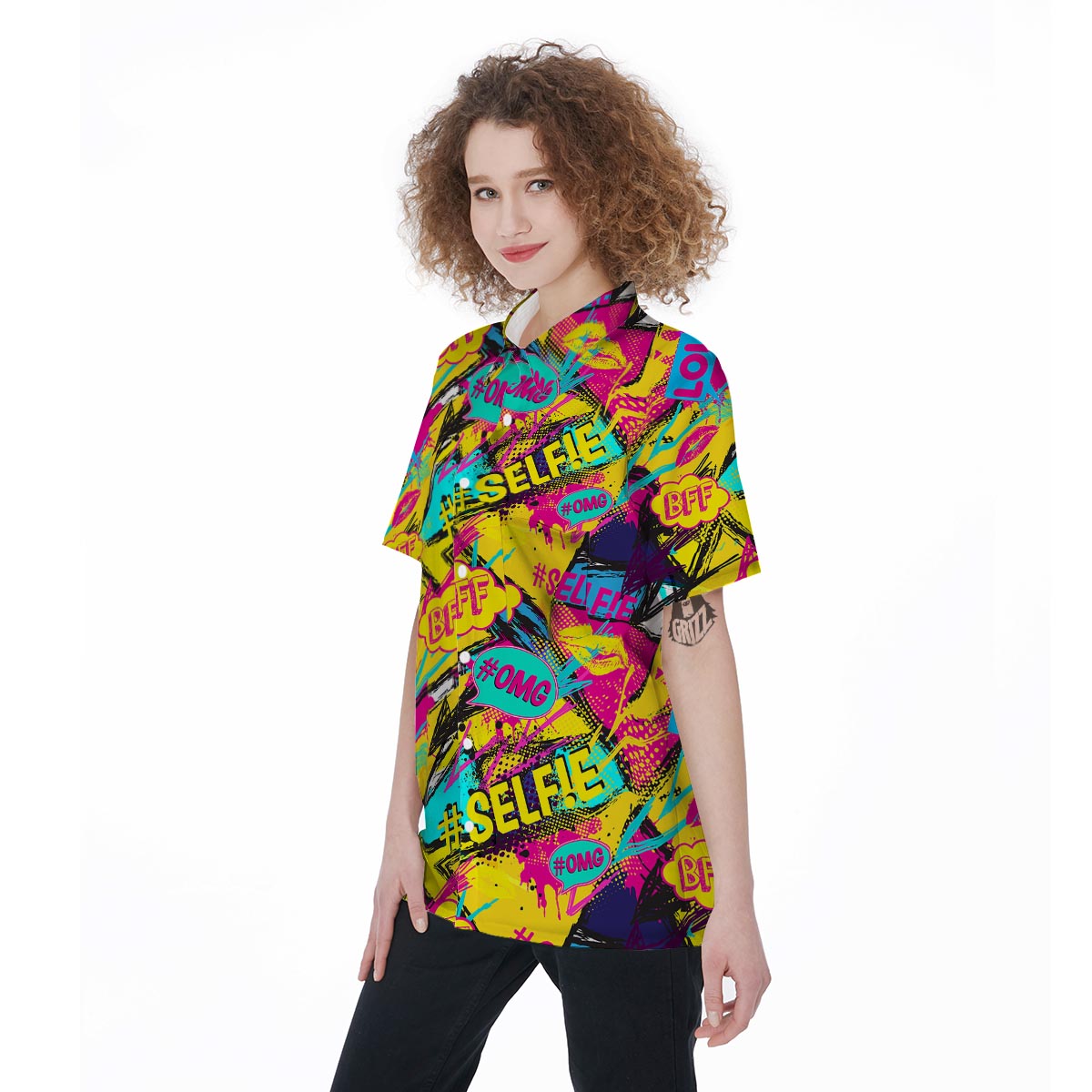 Abstract Comic Bubble Graffiti Print Women's Short Sleeve Shirts-grizzshop