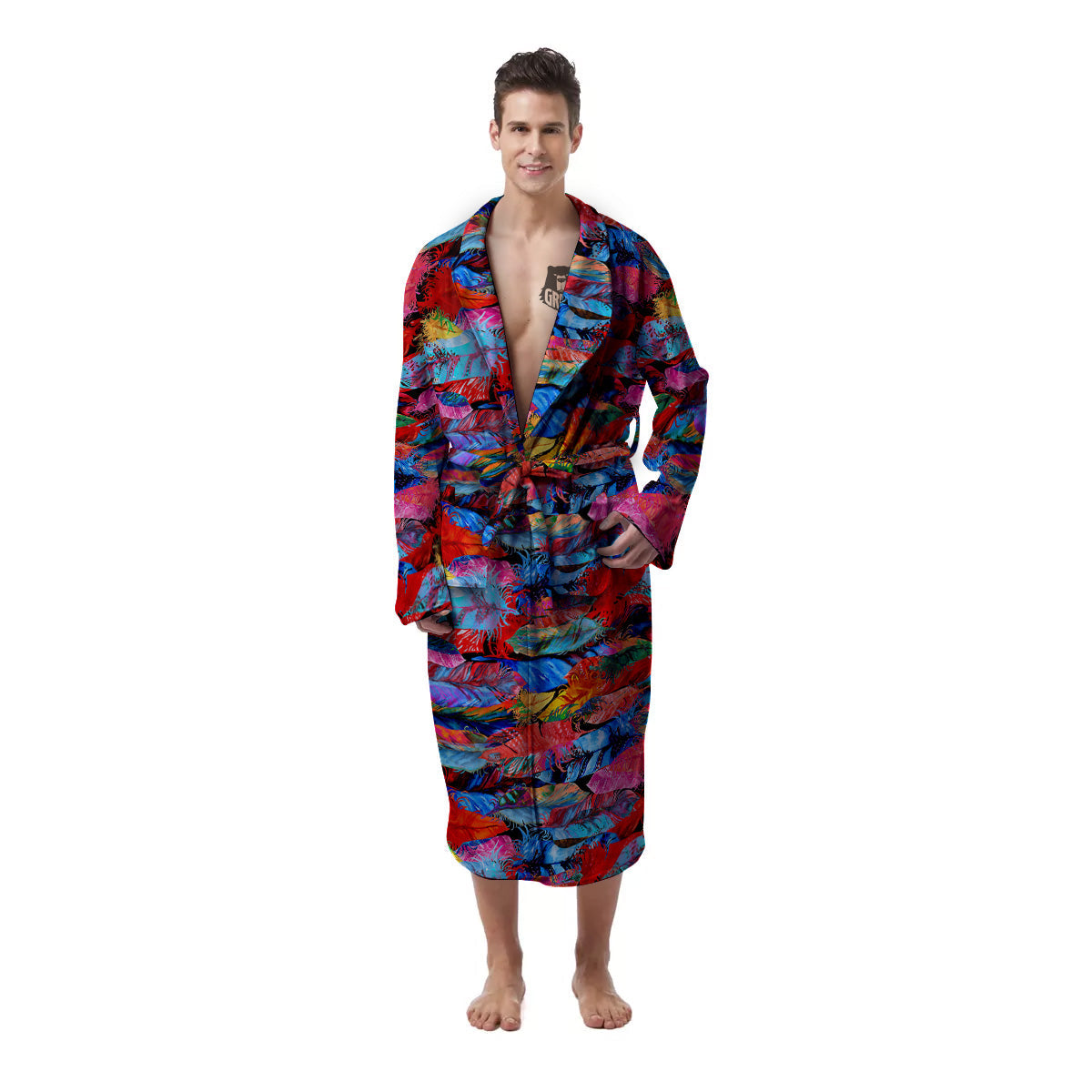 Abstract Feather Watercolor Boho Print Pattern Men's Robe-grizzshop