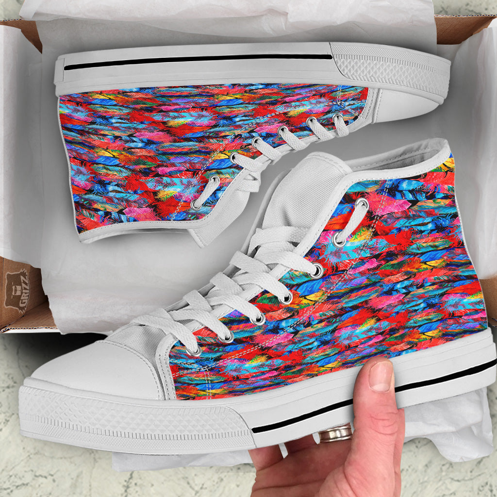 Abstract Feather Watercolor Boho Print Pattern White High Top Shoes-grizzshop