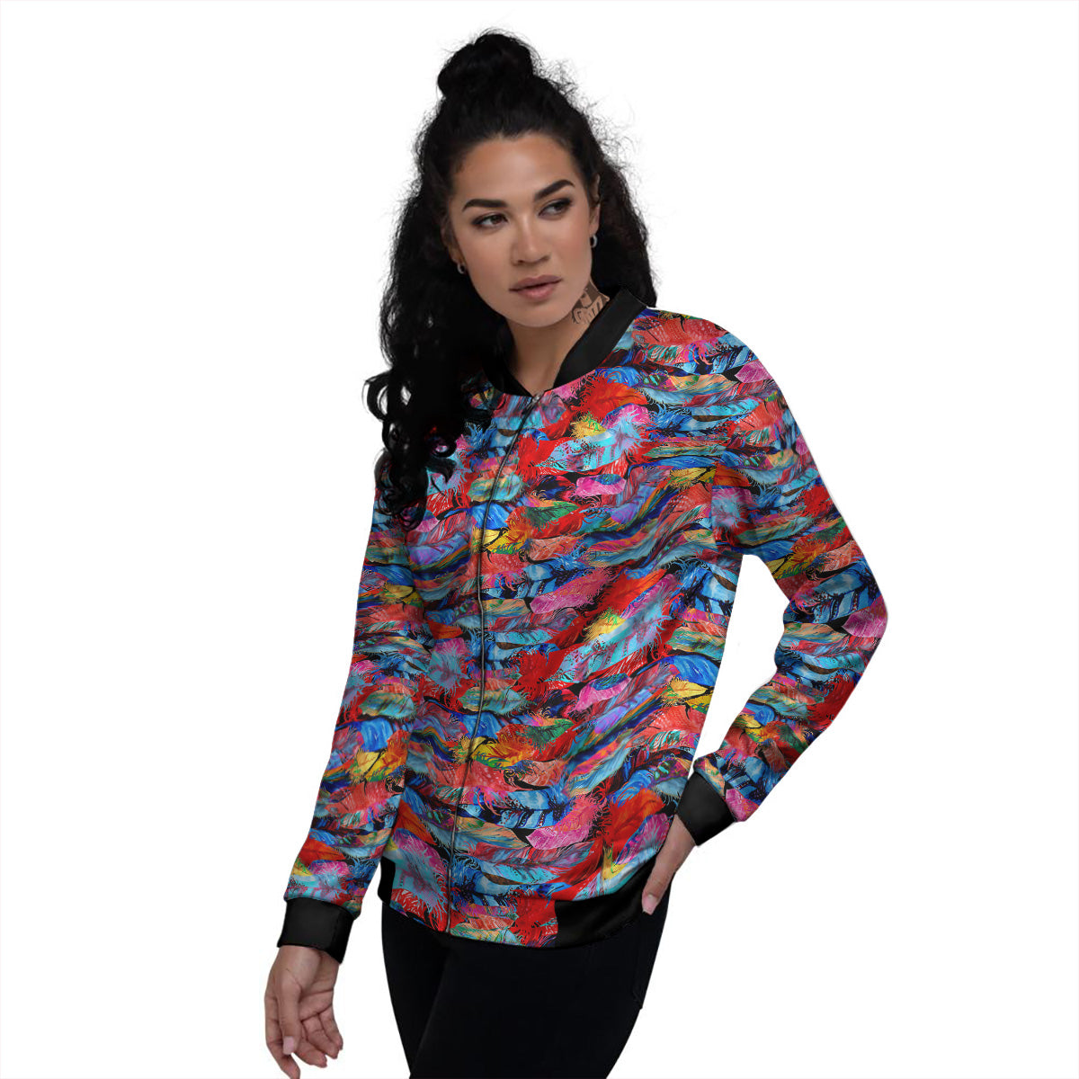 Abstract Feather Watercolor Boho Print Pattern Women's Bomber Jacket-grizzshop