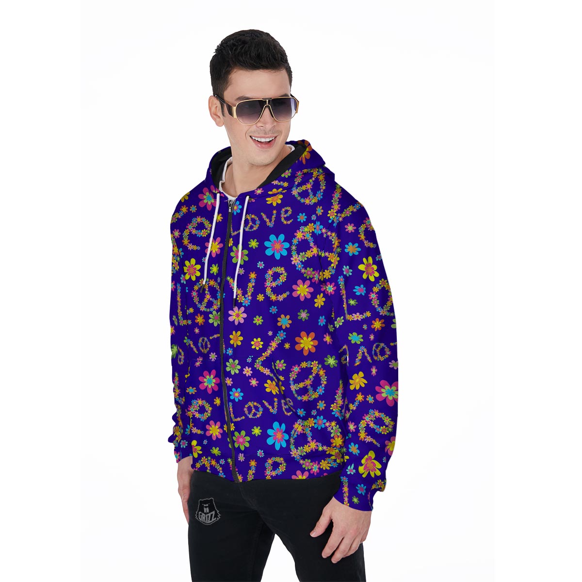 Abstract Floral Hippie Men's Zip Up Hoodie-grizzshop