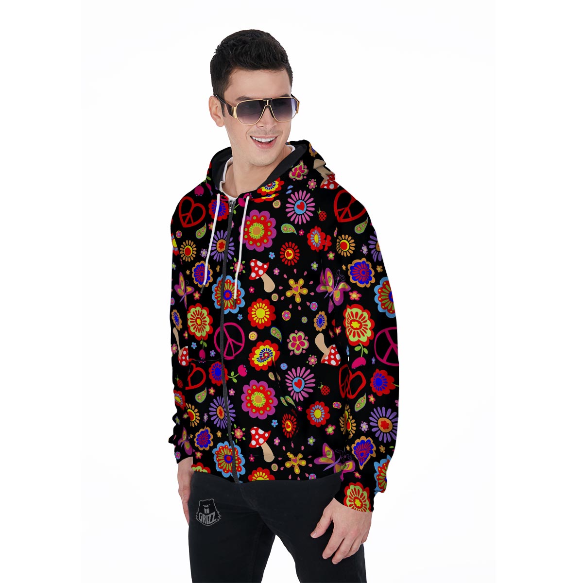 Abstract Flower Hippie Men's Zip Up Hoodie-grizzshop