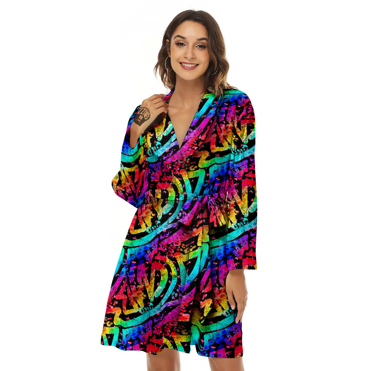 Abstract Graffiti Colorful Paint Print Pattern Women's Robe-grizzshop