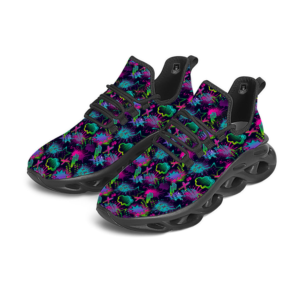 Abstract Graffiti Emoji Print Pattern Black Running Shoes-grizzshop