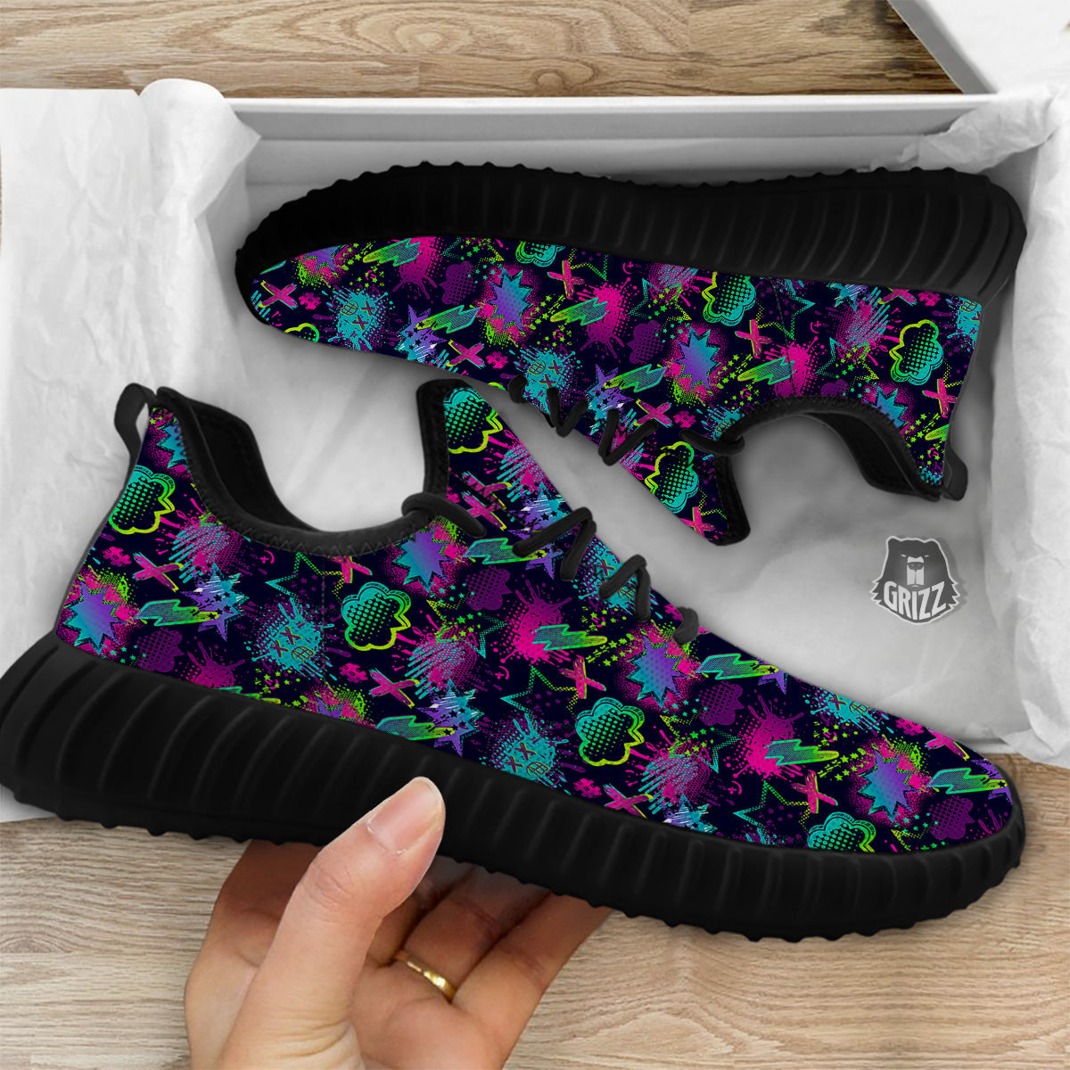 Abstract Graffiti Emoji Print Pattern Black Walking Shoes-grizzshop