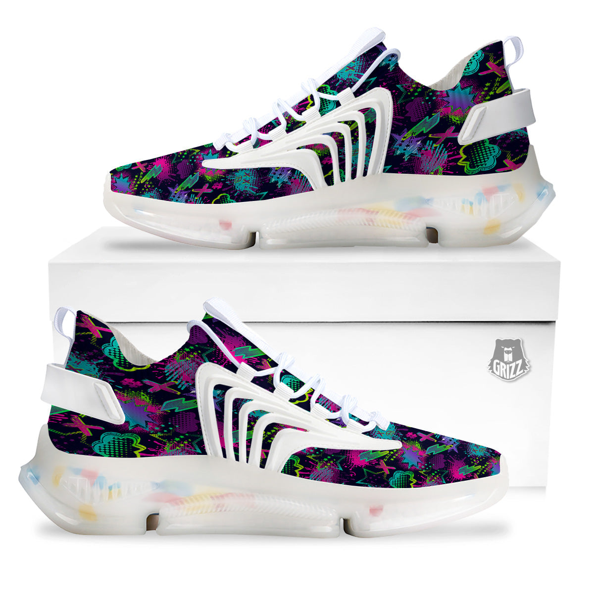 Abstract Graffiti Emoji Print Pattern White Gym Shoes-grizzshop