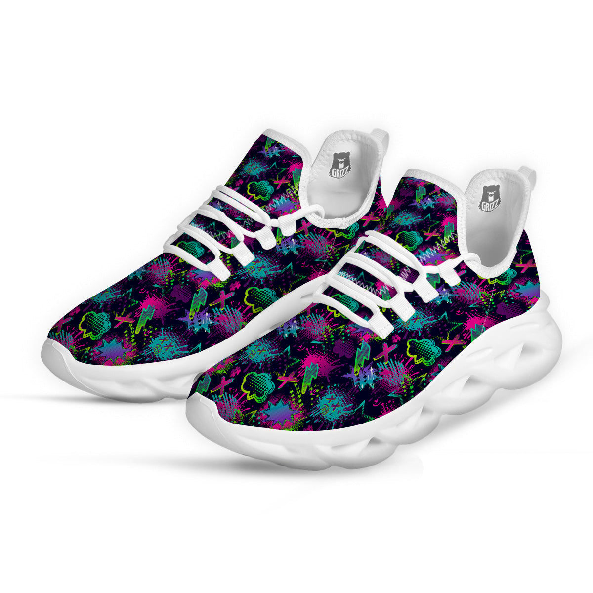 Abstract Graffiti Emoji Print Pattern White Running Shoes-grizzshop