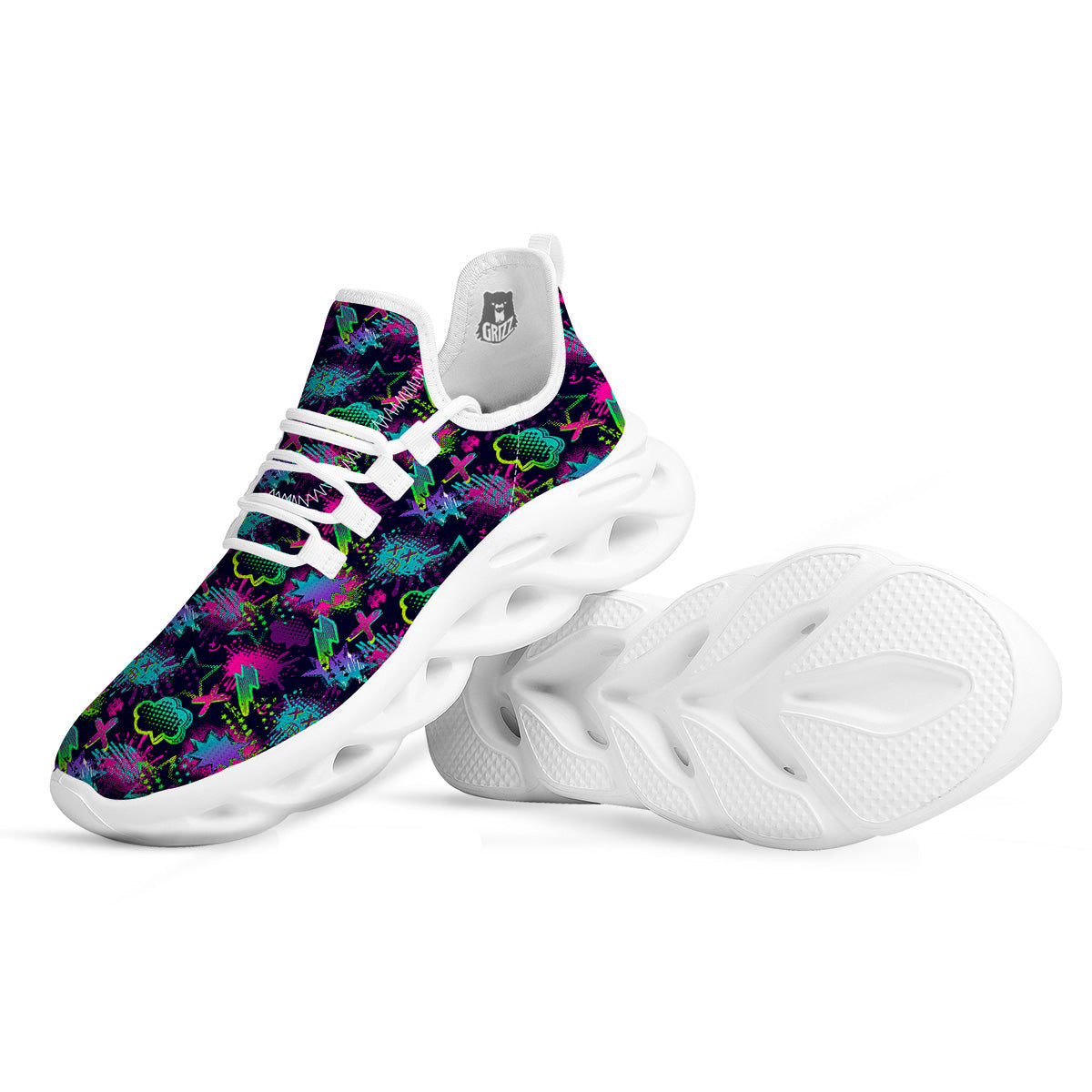 Abstract Graffiti Emoji Print Pattern White Running Shoes-grizzshop