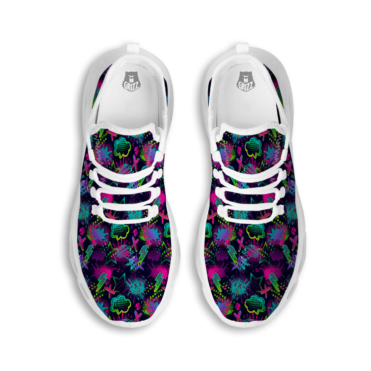 Abstract Graffiti Emoji Print Pattern White Running Shoes-grizzshop