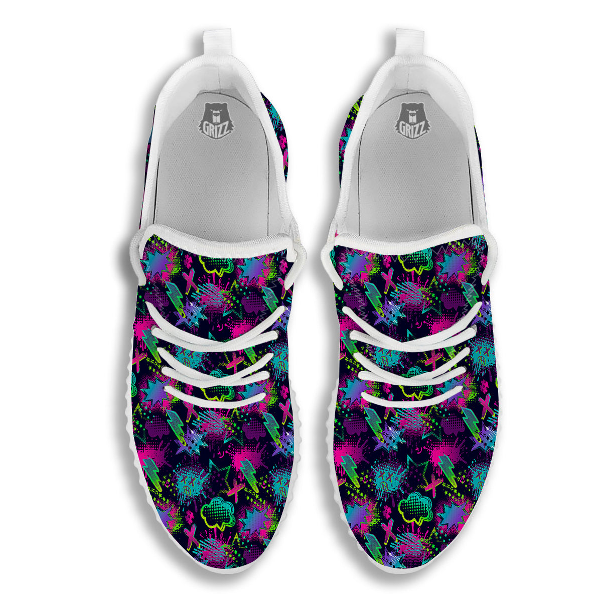 Abstract Graffiti Emoji Print Pattern White Walking Shoes-grizzshop