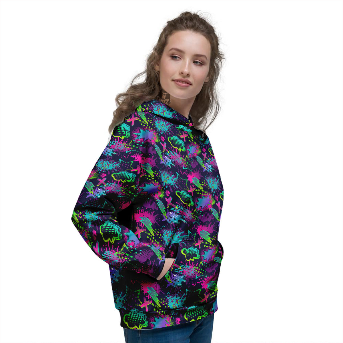 Abstract Graffiti Emoji Print Pattern Women's Hoodie-grizzshop