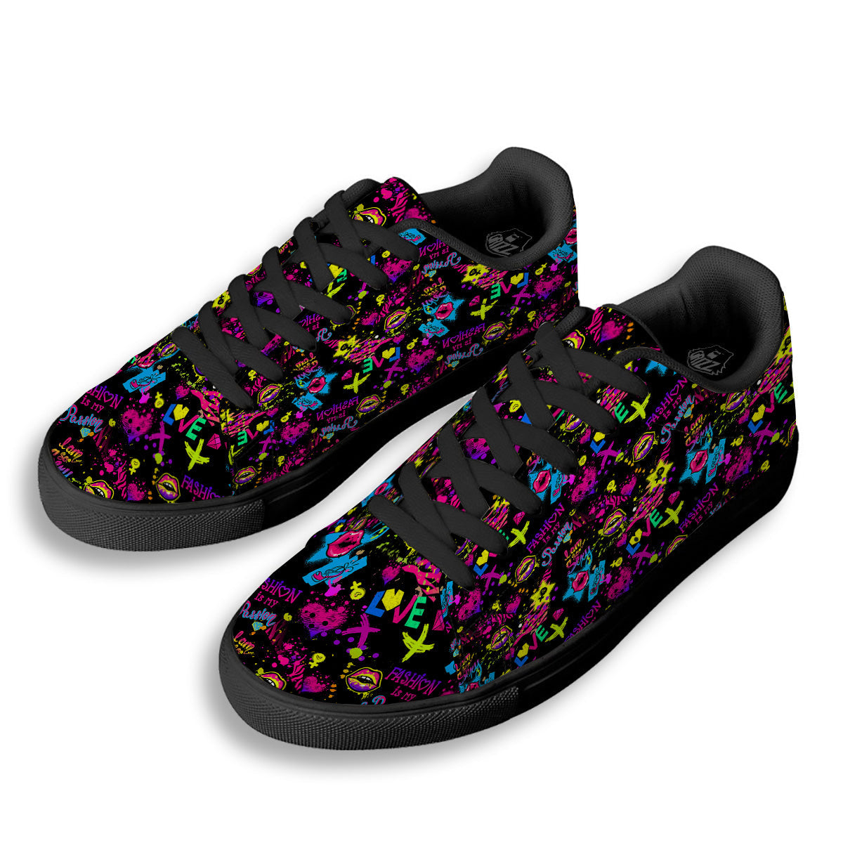 Abstract Graffiti Girlish Spray Paint Print Pattern Black Low Top Sneakers-grizzshop