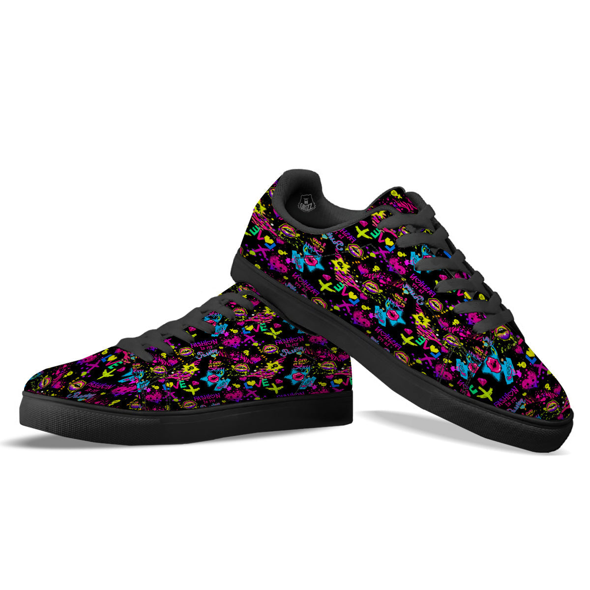 Abstract Graffiti Girlish Spray Paint Print Pattern Black Low Top Sneakers-grizzshop