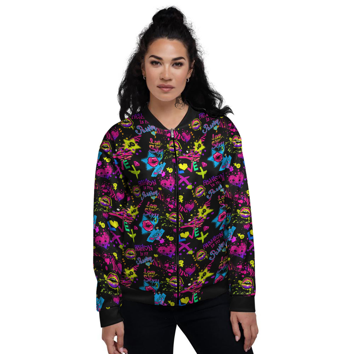 Abstract Graffiti Girlish Spray Paint Print Pattern Women's Bomber Jacket-grizzshop
