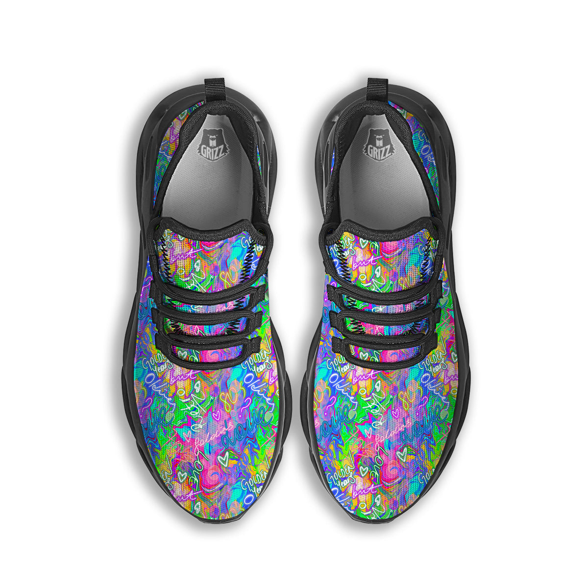 Abstract Graffiti Hand Drawing Neon Retro Print Pattern Black Running Shoes-grizzshop