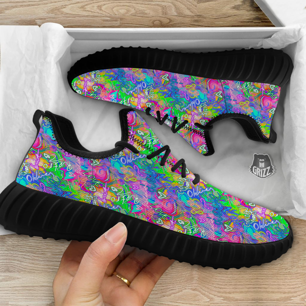 Abstract Graffiti Hand Drawing Neon Retro Print Pattern Black Walking Shoes-grizzshop