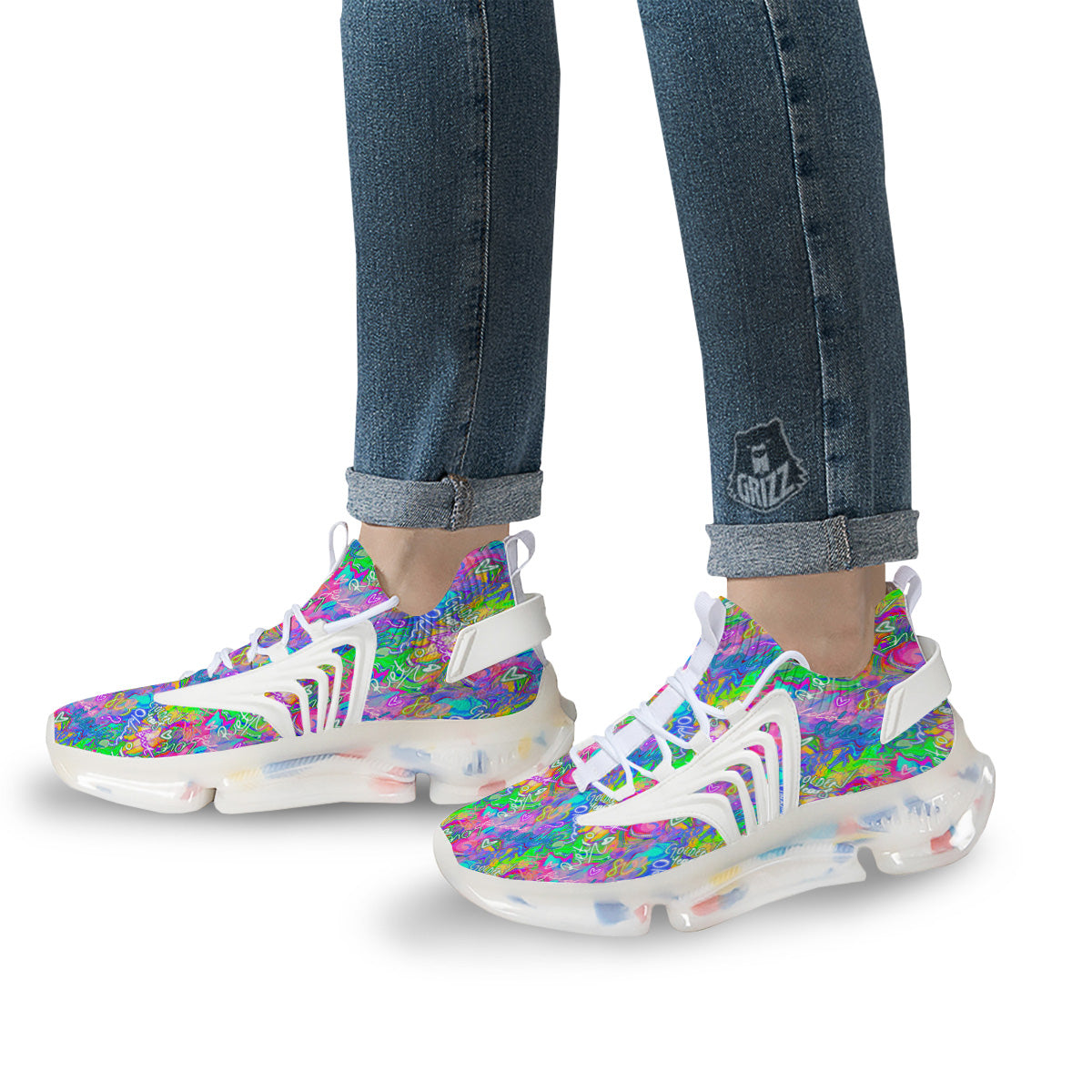 Abstract Graffiti Hand Drawing Neon Retro Print Pattern White Gym Shoes-grizzshop