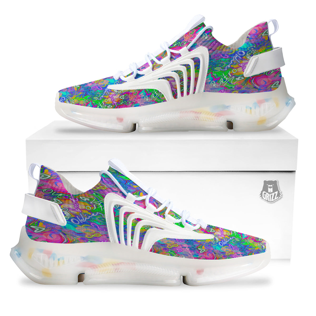Abstract Graffiti Hand Drawing Neon Retro Print Pattern White Gym Shoes-grizzshop