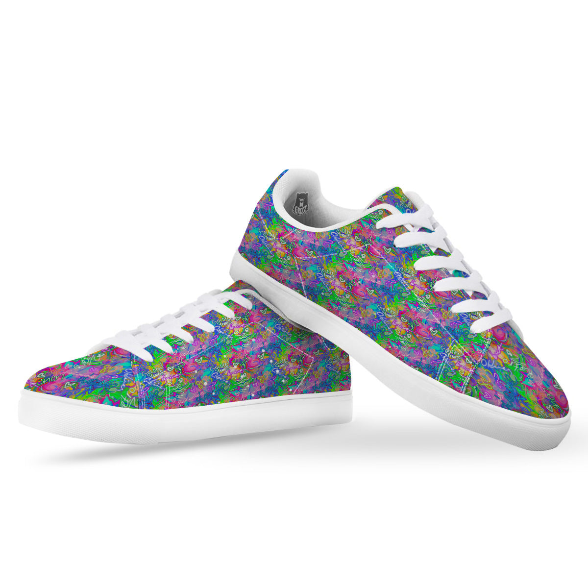 Abstract Graffiti Hand Drawing Neon Retro Print Pattern White Low Top Sneakers-grizzshop