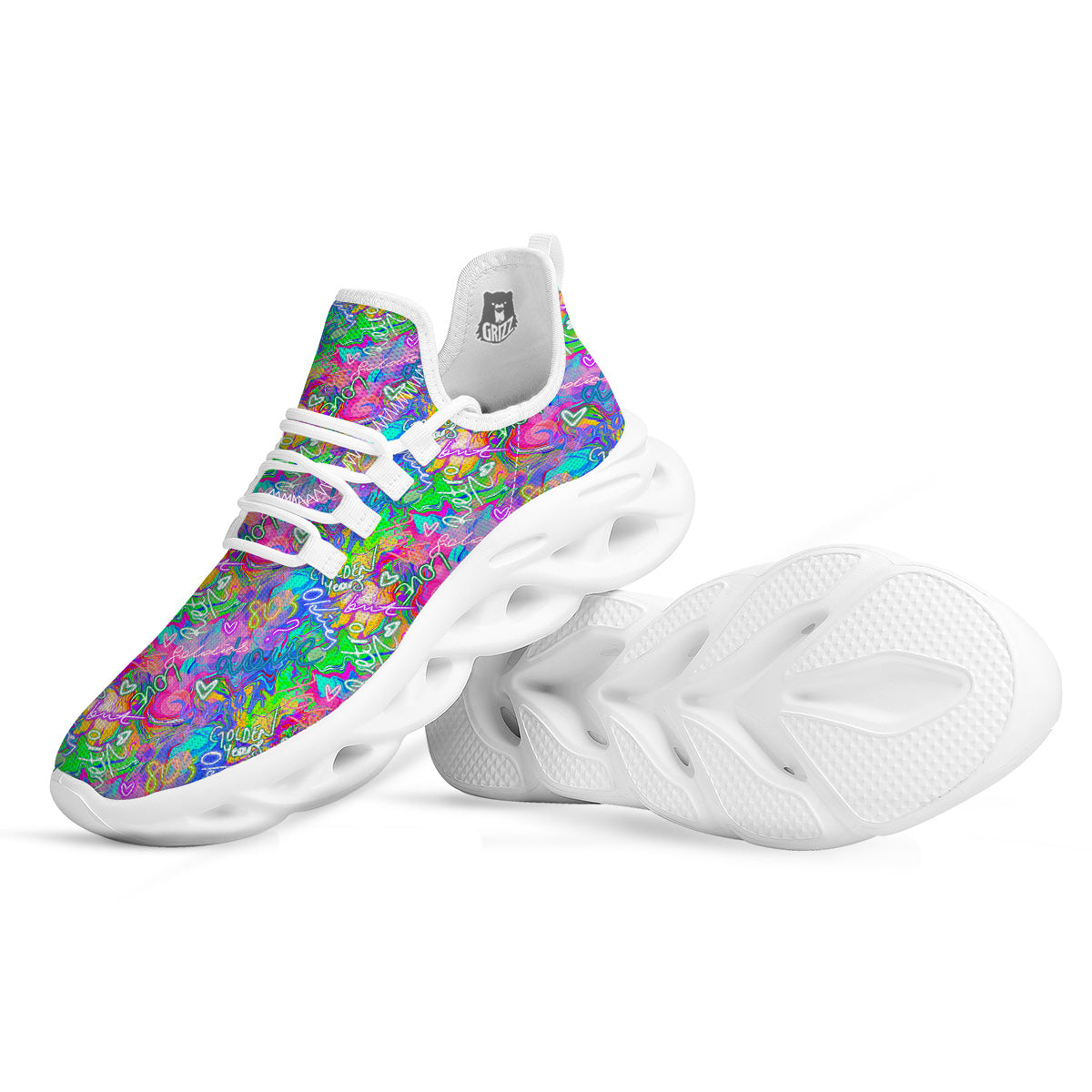 Abstract Graffiti Hand Drawing Neon Retro Print Pattern White Running Shoes-grizzshop