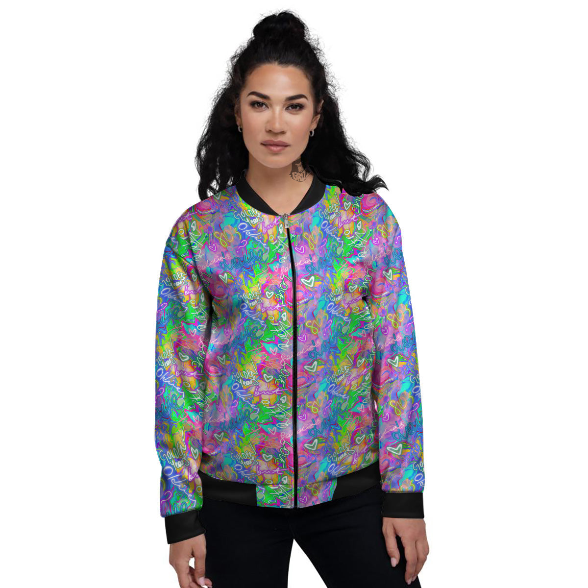 Abstract Graffiti Hand Drawing Neon Retro Print Pattern Women's Bomber Jacket-grizzshop