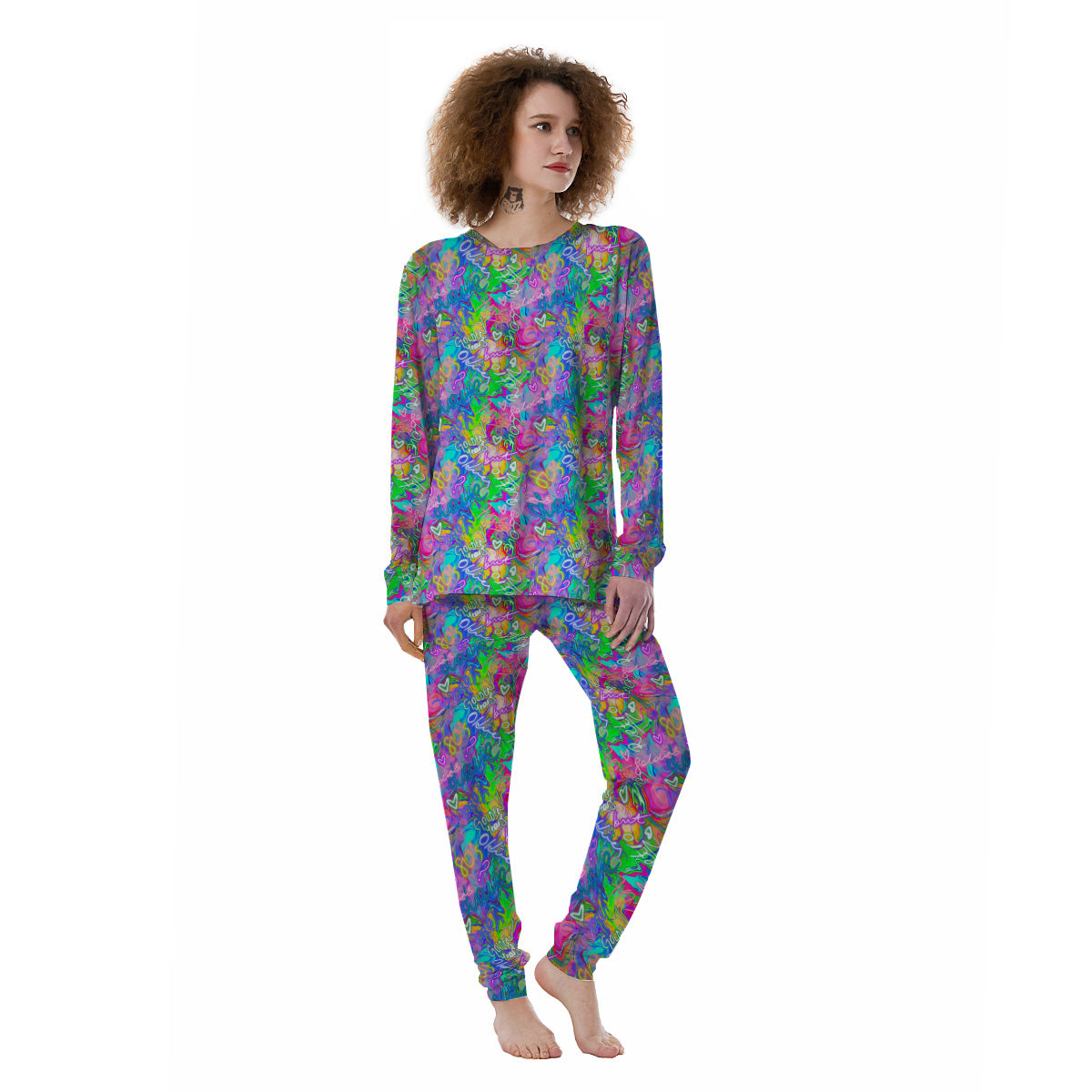 Abstract Graffiti Hand Drawing Neon Retro Print Pattern Women's Pajamas-grizzshop