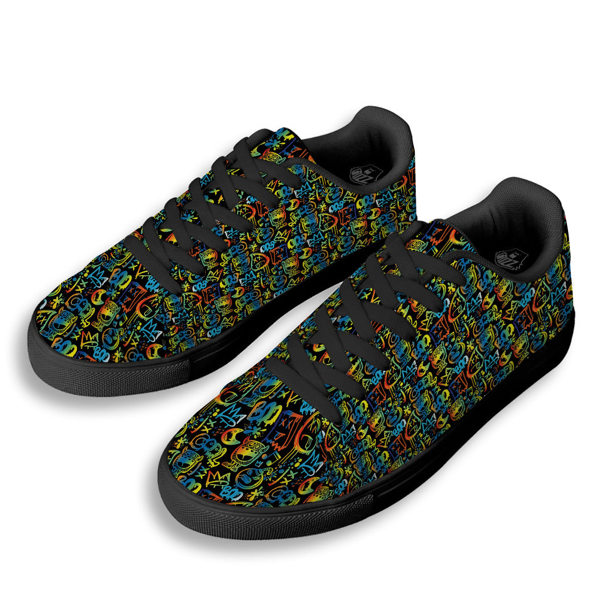 Abstract Graffiti Neon Monsters Print Pattern Black Low Top Sneakers-grizzshop