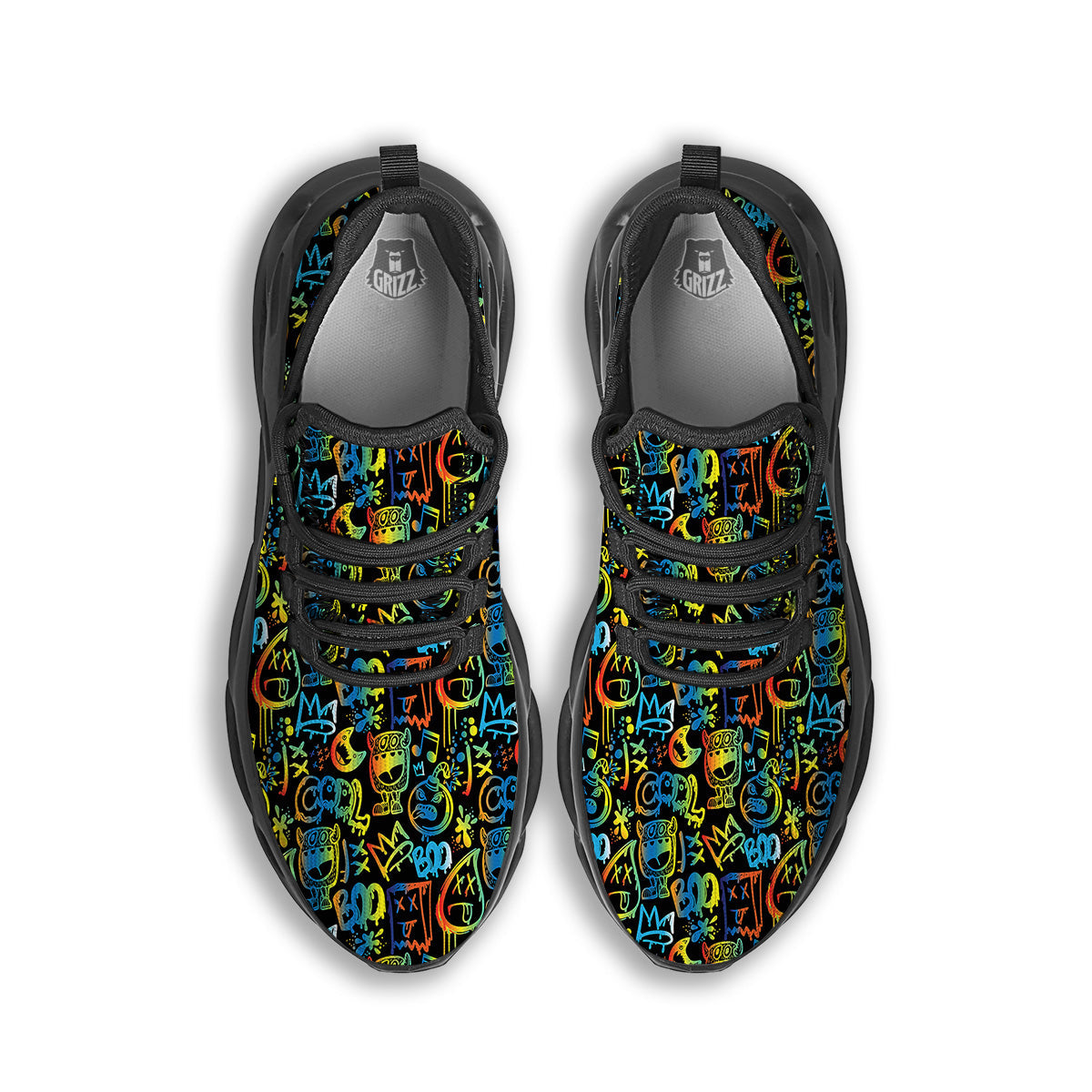 Abstract Graffiti Neon Monsters Print Pattern Black Running Shoes-grizzshop