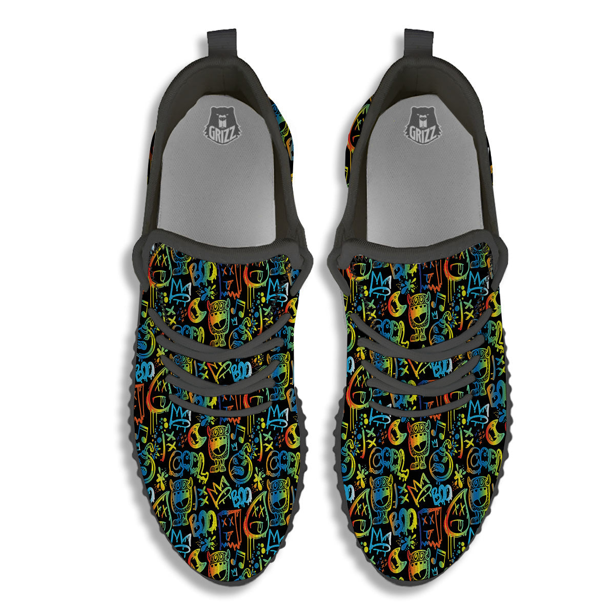 Abstract Graffiti Neon Monsters Print Pattern Black Walking Shoes-grizzshop