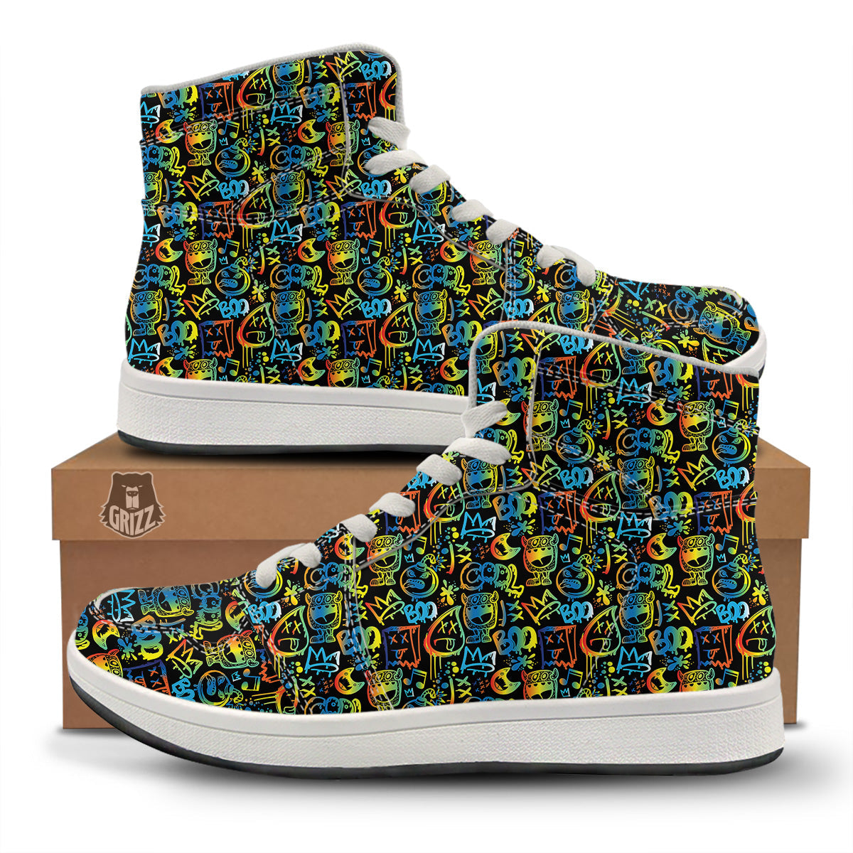 Abstract Graffiti Neon Monsters Print Pattern High Top Sneakers-grizzshop