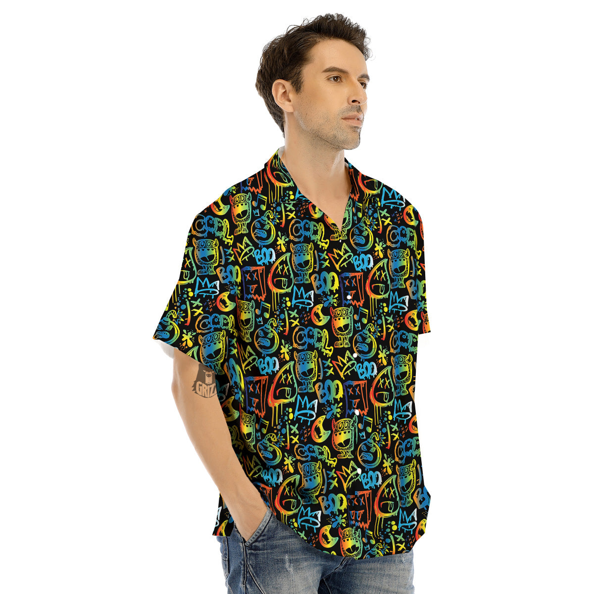 Abstract Graffiti Neon Monsters Print Pattern Men's Hawaiian Shirt-grizzshop