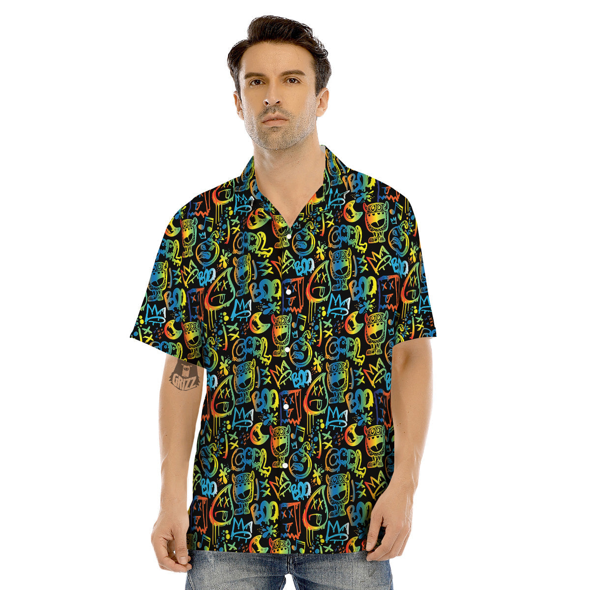 Abstract Graffiti Neon Monsters Print Pattern Men's Hawaiian Shirt-grizzshop