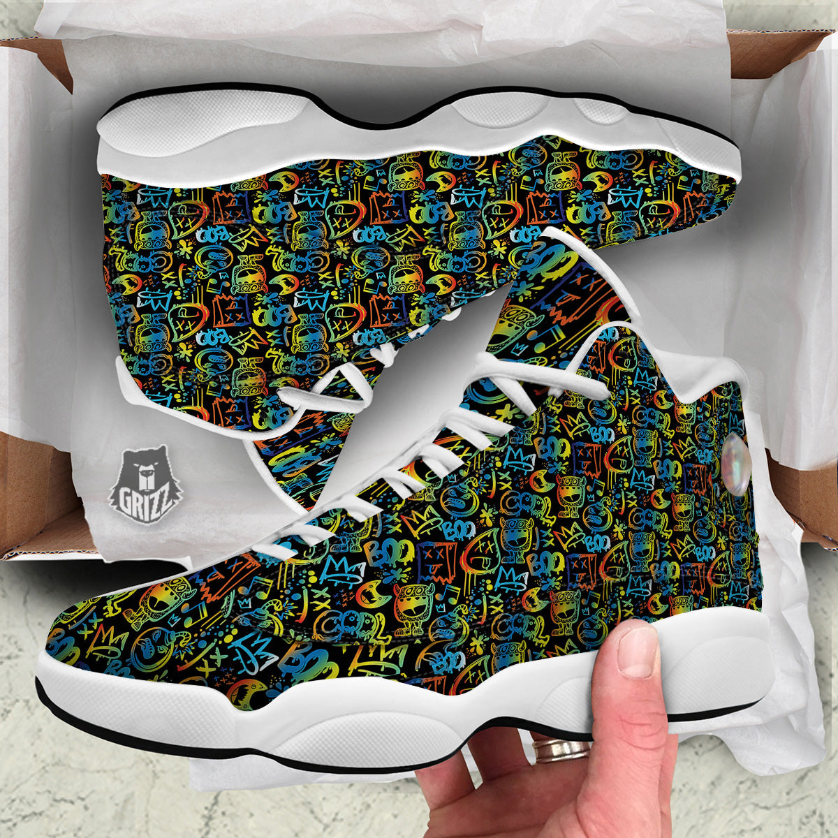 Abstract Graffiti Neon Monsters Print Pattern White Basketball Shoes-grizzshop