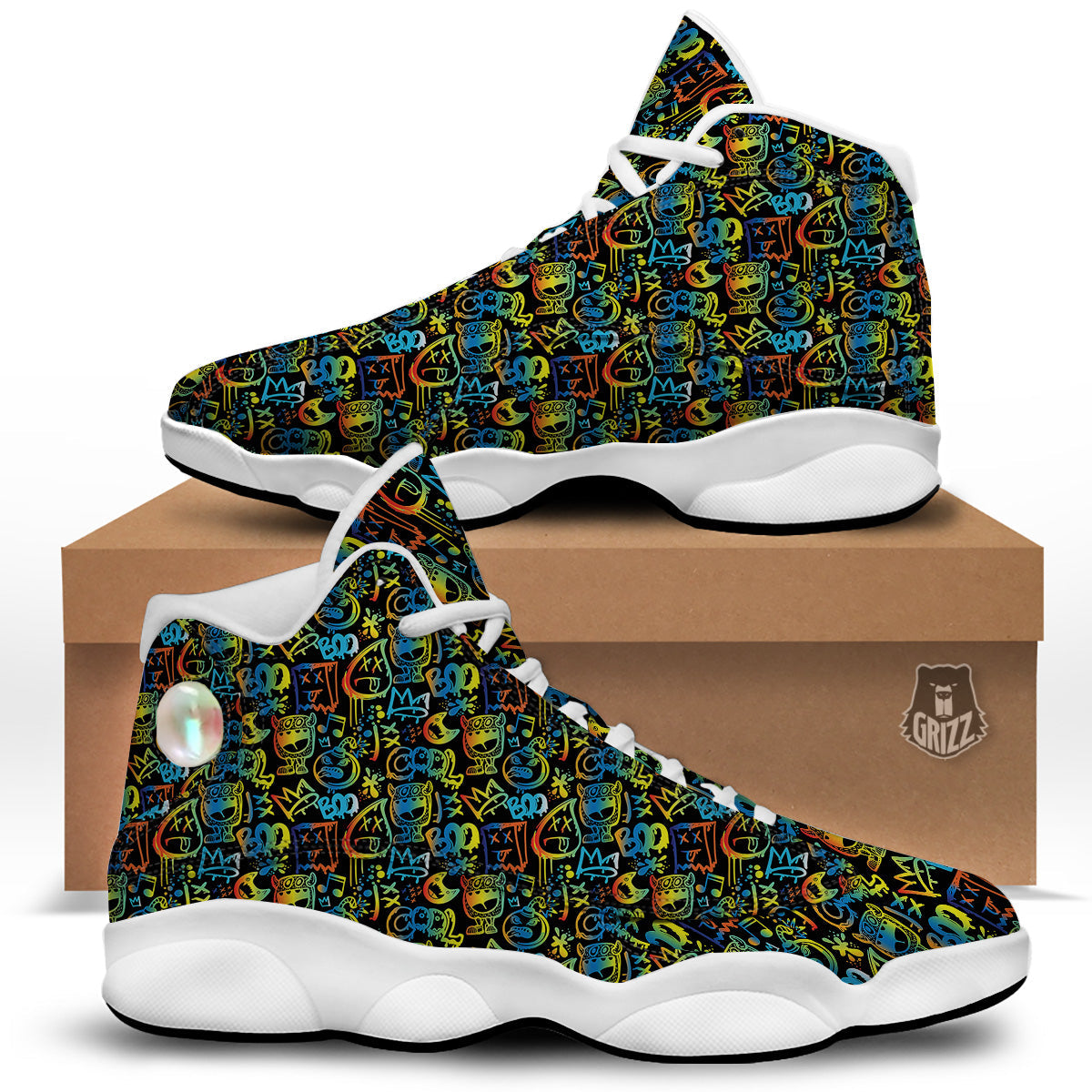 Abstract Graffiti Neon Monsters Print Pattern White Basketball Shoes-grizzshop