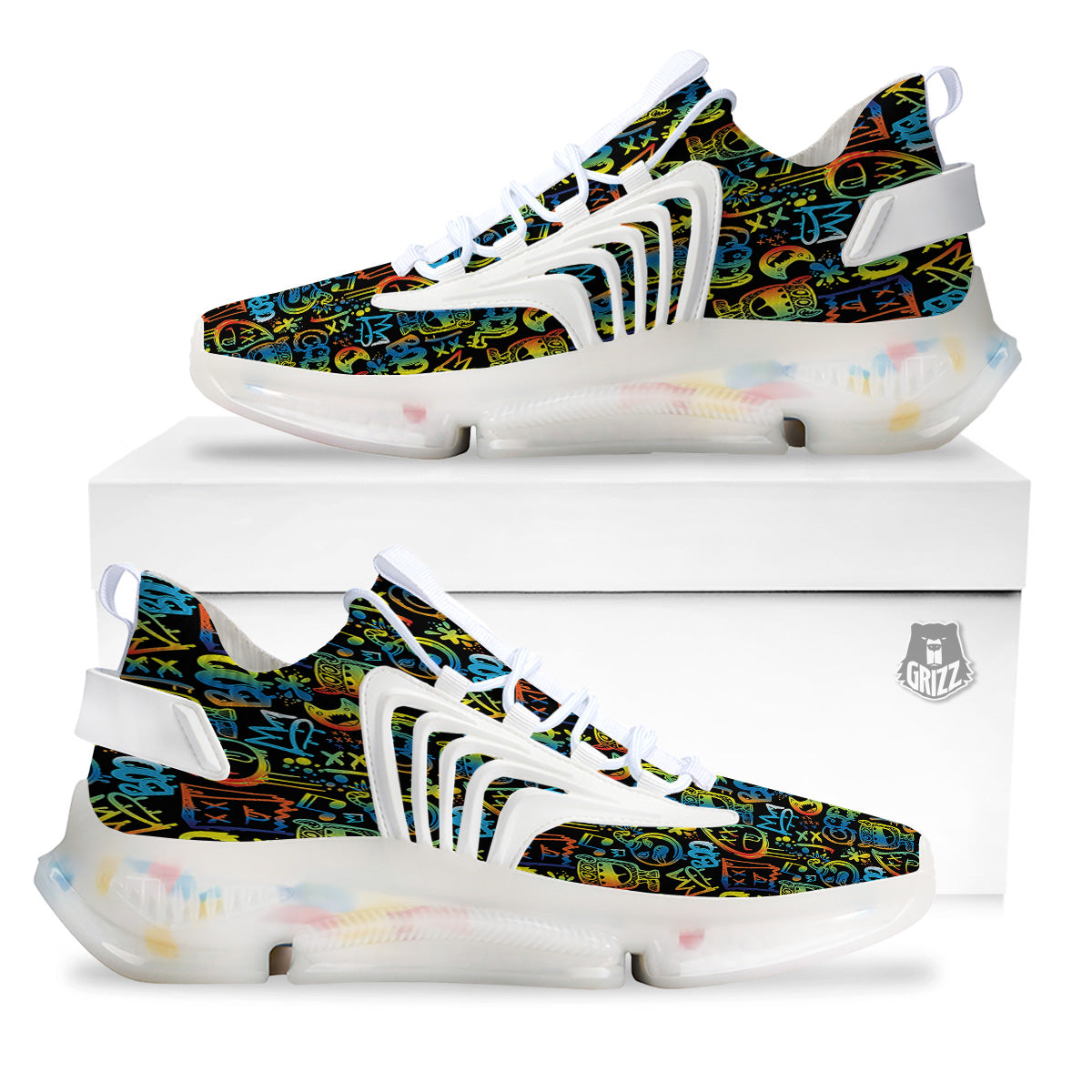 Abstract Graffiti Neon Monsters Print Pattern White Gym Shoes-grizzshop