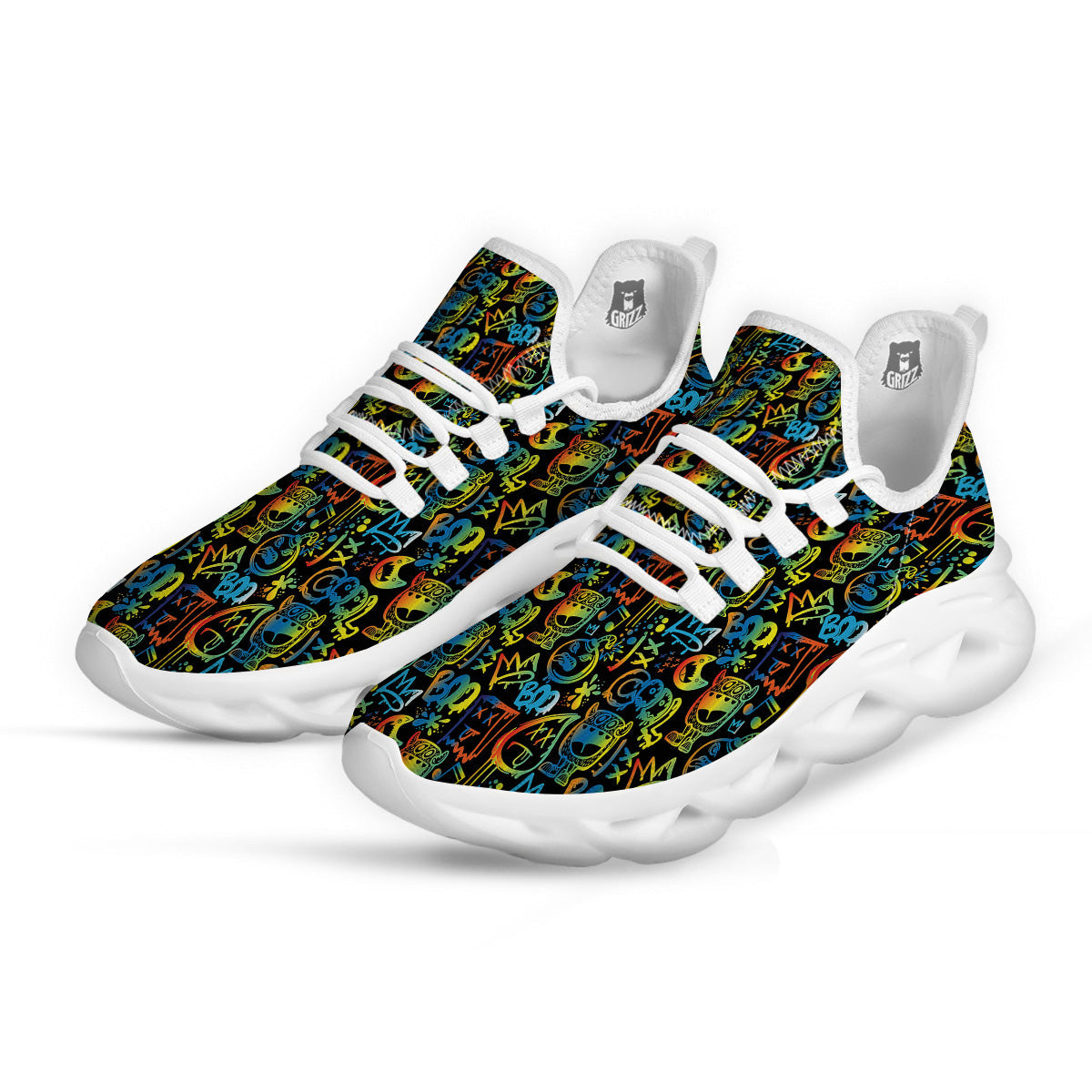 Abstract Graffiti Neon Monsters Print Pattern White Running Shoes-grizzshop