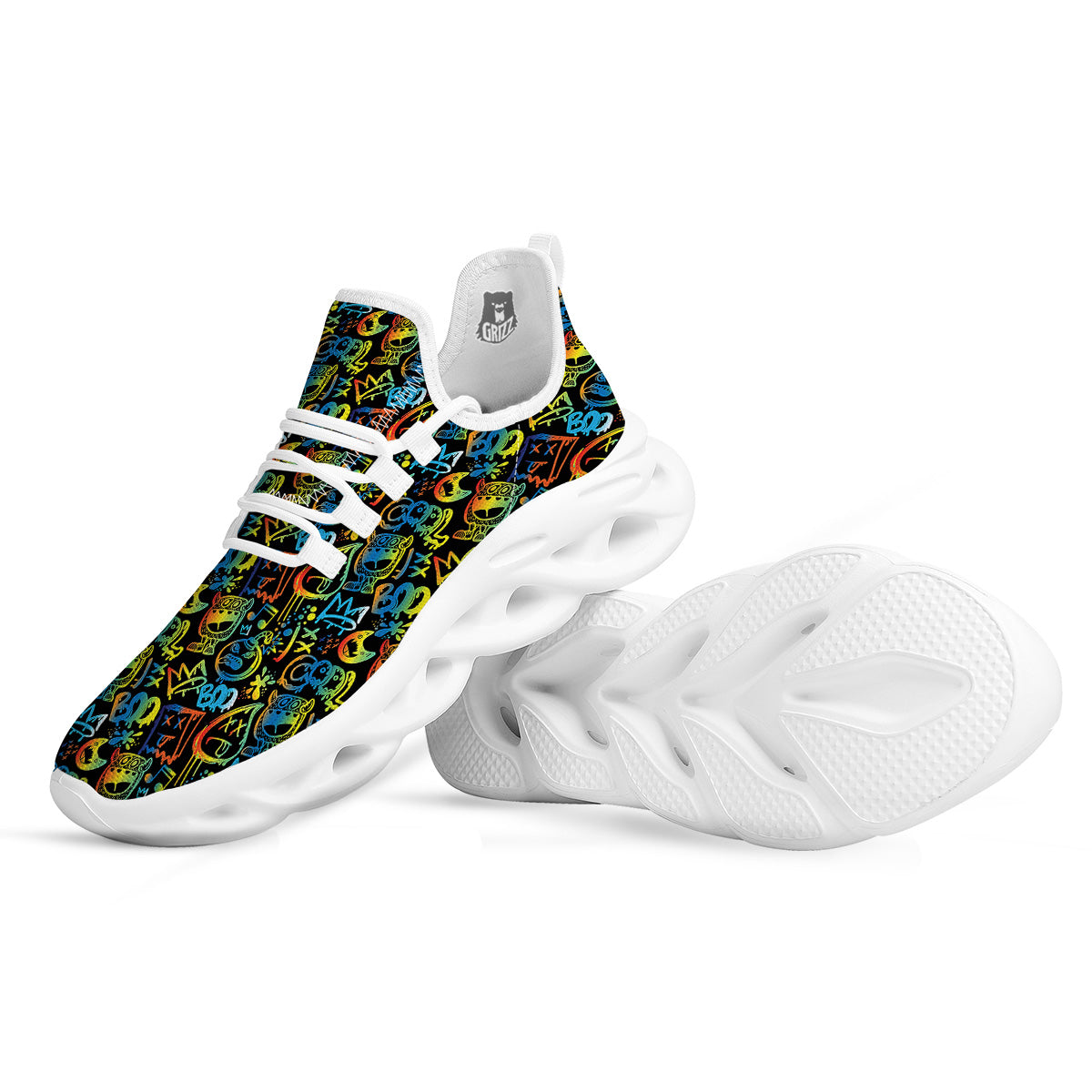 Abstract Graffiti Neon Monsters Print Pattern White Running Shoes-grizzshop