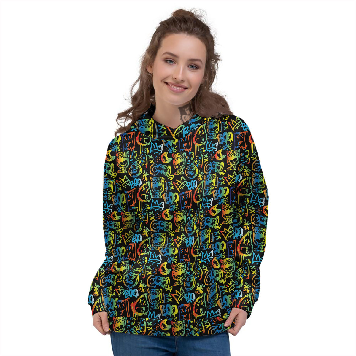 Abstract Graffiti Neon Monsters Print Pattern Women's Hoodie-grizzshop