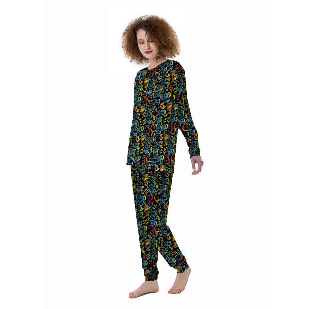 Abstract Graffiti Neon Monsters Print Pattern Women's Pajamas-grizzshop
