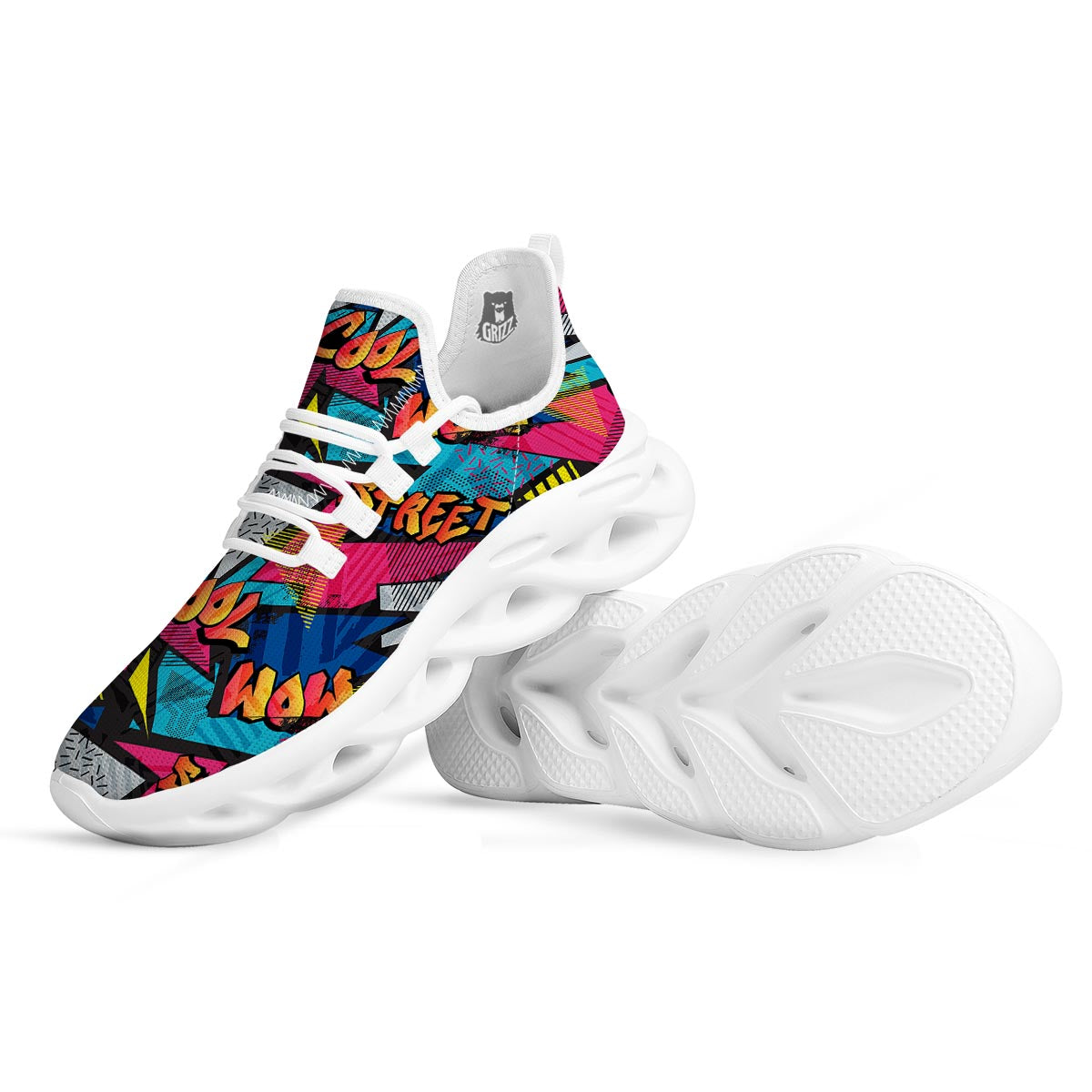 Abstract Graffiti Wow Print White Running Shoes-grizzshop