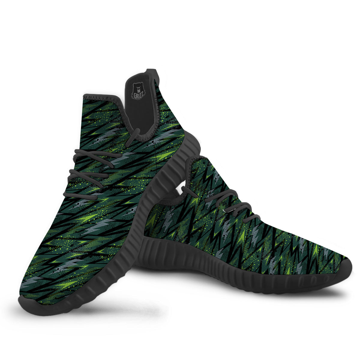 Abstract Green Lightning Print Pattern Black Walking Shoes-grizzshop