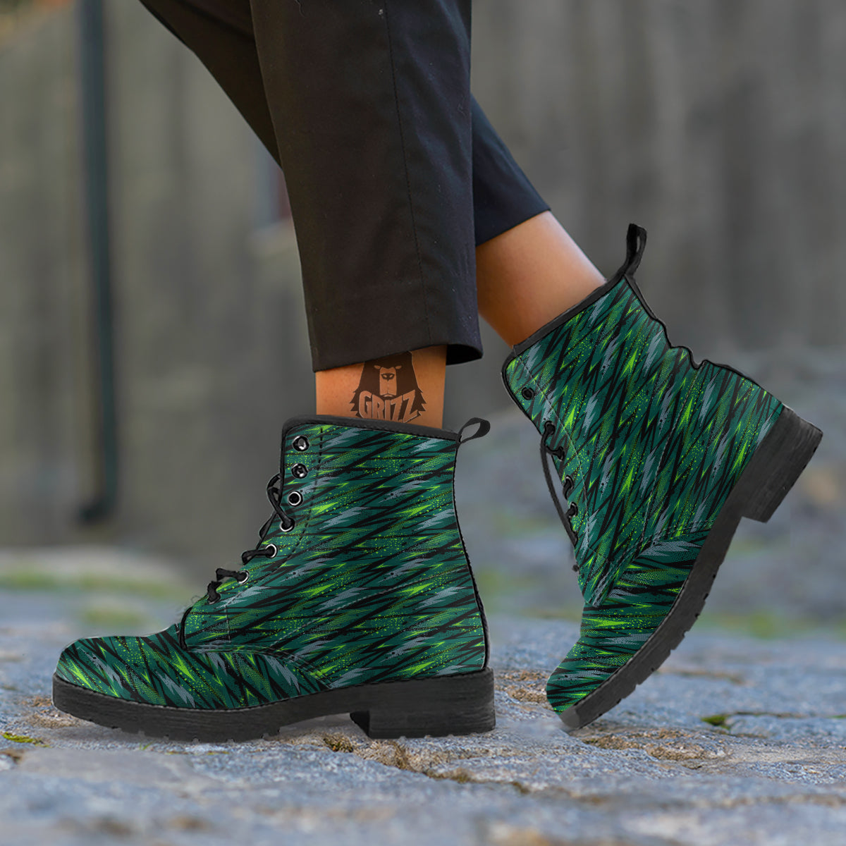 Abstract Green Lightning Print Pattern Leather Boots-grizzshop