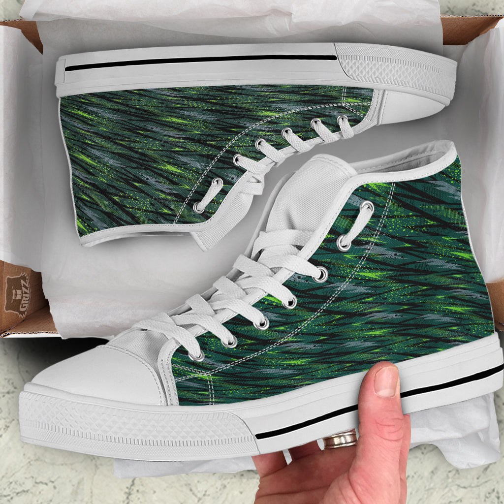 Abstract Green Lightning Print Pattern White High Top Shoes-grizzshop