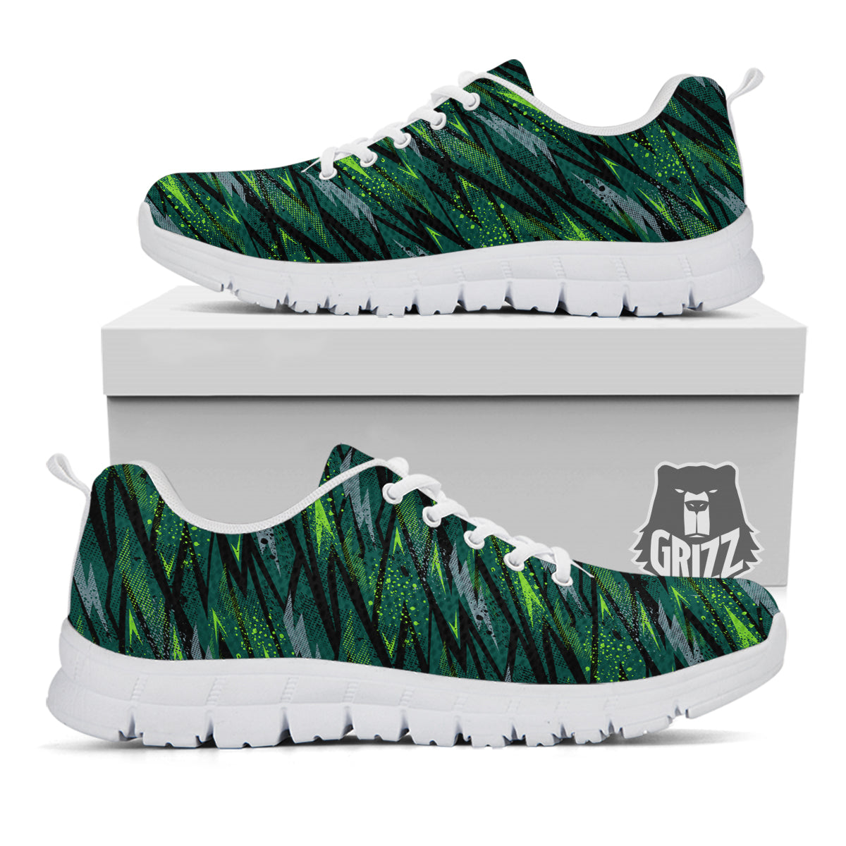 Abstract Green Lightning Print Pattern White Sneaker-grizzshop