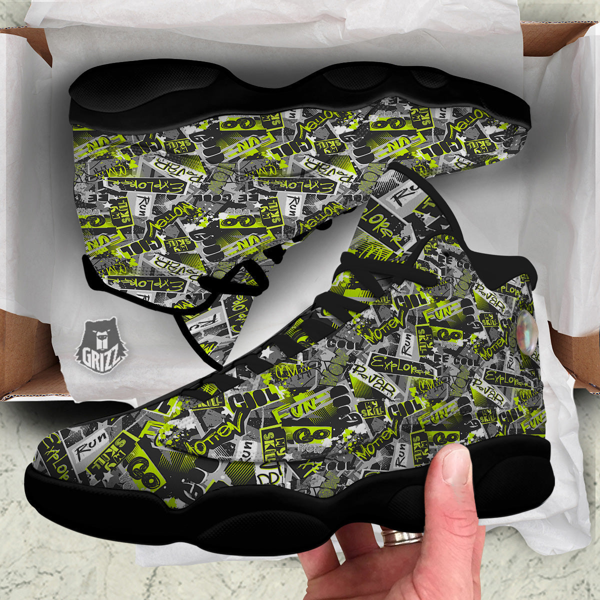 Abstract Grey And Neon Green Graffiti Print Pattern Black Basketball Shoes-grizzshop
