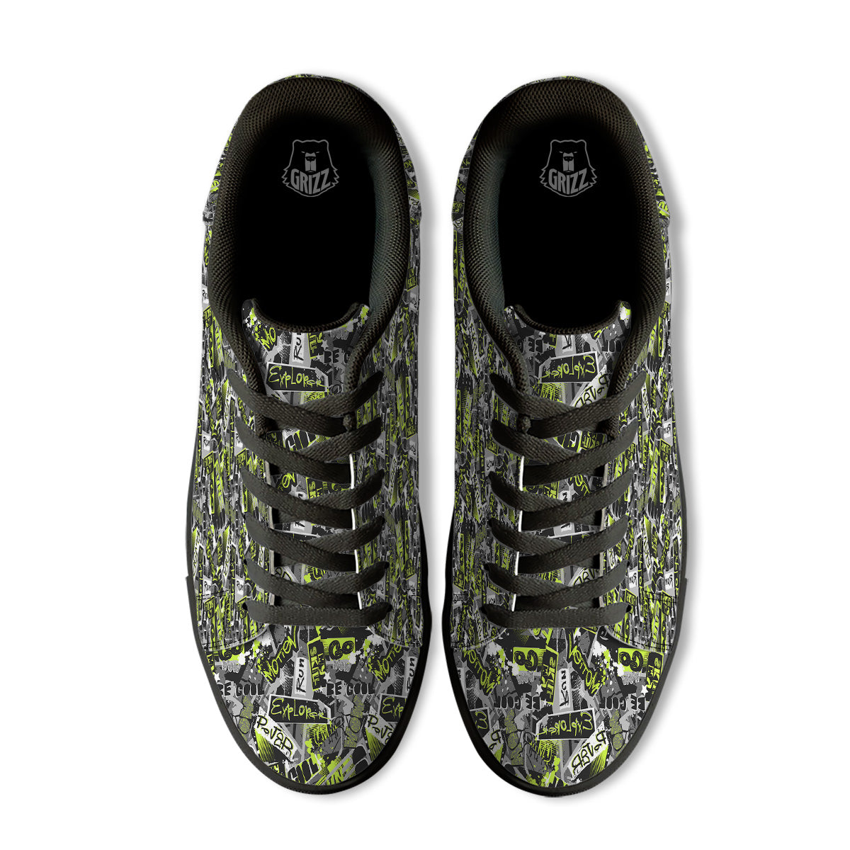 Abstract Grey And Neon Green Graffiti Print Pattern Black Low Top Sneakers-grizzshop
