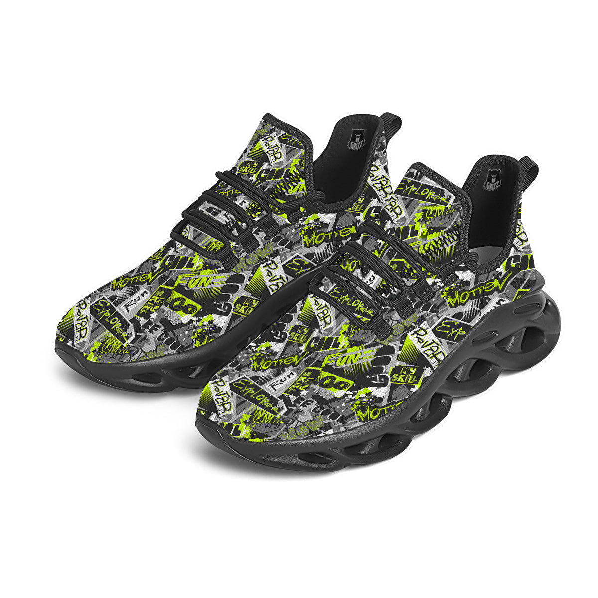Abstract Grey And Neon Green Graffiti Print Pattern Black Running Shoes-grizzshop