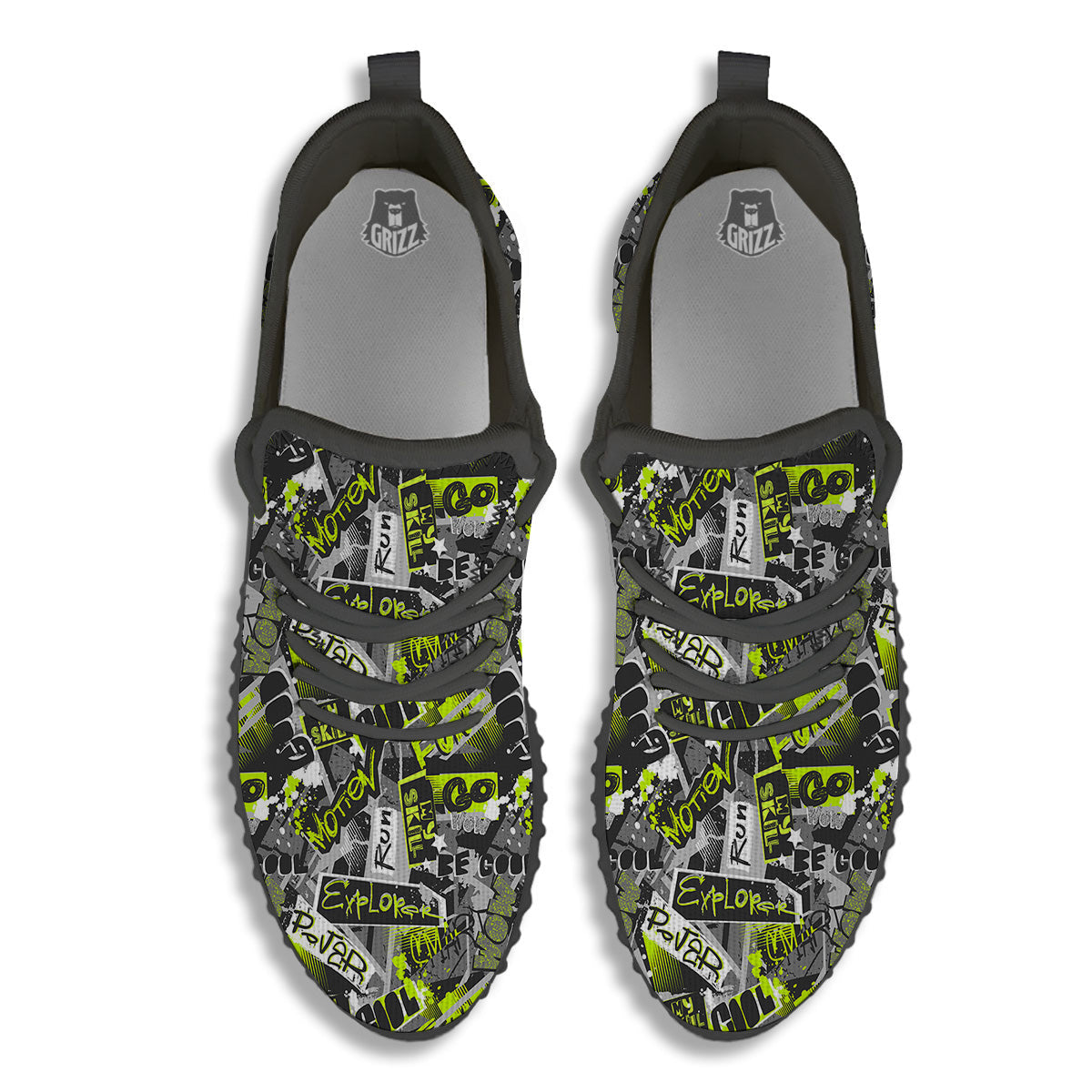 Abstract Grey And Neon Green Graffiti Print Pattern Black Walking Shoes-grizzshop